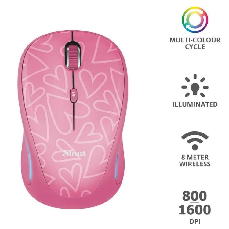 Trust Yvi Fx Rosa Wireless Mouse Illuminato Led Ambidestro Ottico Pc Mac 1600Dpi