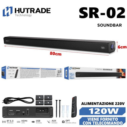 Hutrade Sr02 Soundbar Tv 120W 220V Wireless Bt Hdmi Aux Ottica 40W + Telecomando