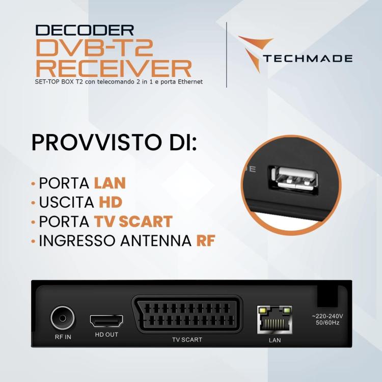 Techmade Decoder Digitale Terrestre Tv Full Hd Dvb-T2/Tc Usb 2.0 Con Telecomando