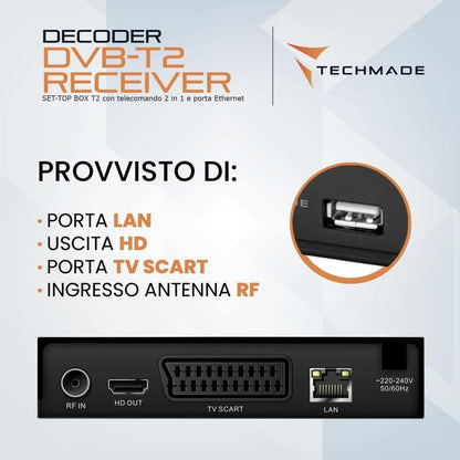 Techmade Decoder Digitale Terrestre Tv Full Hd Dvb-T2/Tc Usb 2.0 Con Telecomando