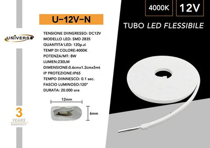 Kit 5M Striscia Flex Led Bobina Neon Flessibile Tubo Esterno Bianco Naturale