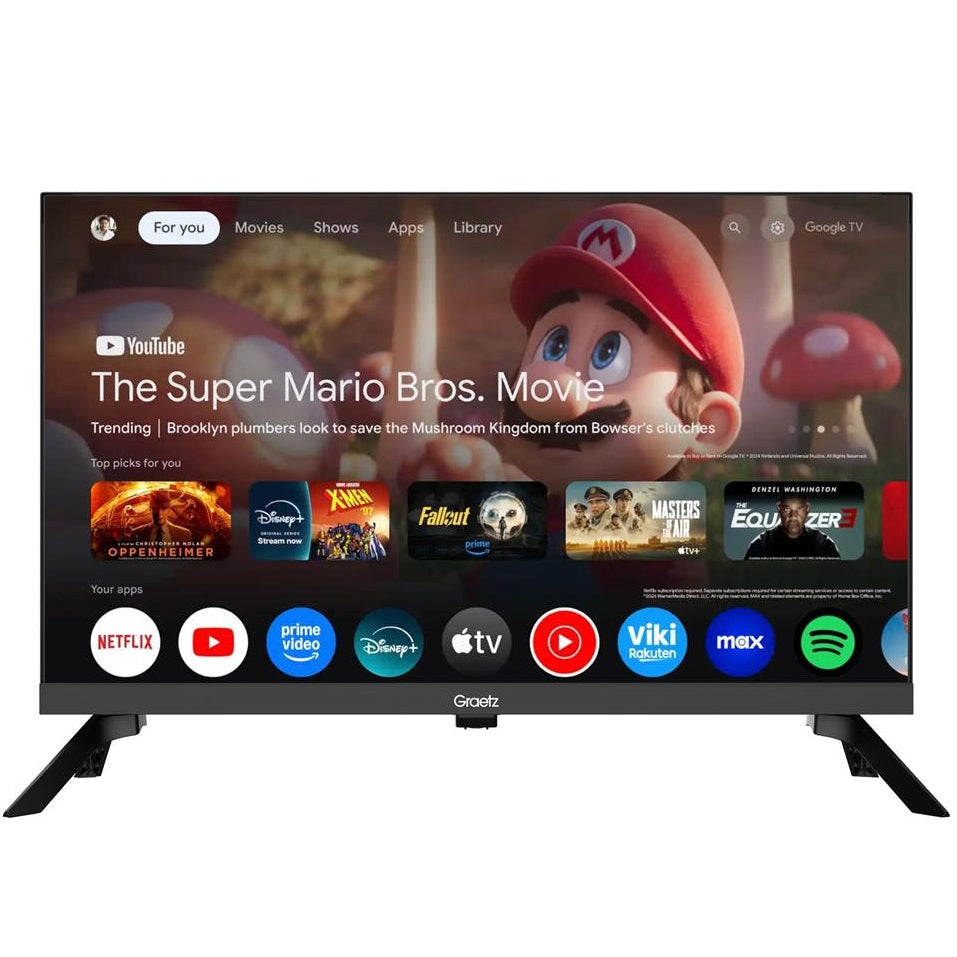 Graetz Smart Tv 24" HD Led Google Tv - DVB-T2-S2-C (220v / 12v con Cavo incluso) CI+ - 2 Telcomandi con Funziona Vocale - Ideale per Camper Barca Hotel - GR24G1300