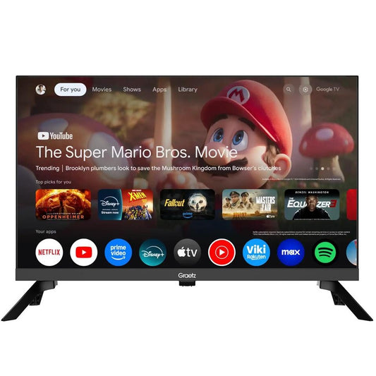 Graetz - Smart Tv 24" HD Led Google Tv - DVB-T2-S2-C (220v / 12v con Cavo incluso) CI+ - 2 Telcomandi con Funziona Vocale - Ideale per Camper Barca Hotel - GR24G1300
