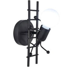 Universo - Applique da Parete Decorativo a Forma di Omino - Lampada da Muro in Metallo con Attacco E27 per Arredo Casa Soggiorno Ingresso (Omino sulla Scala Nero)
