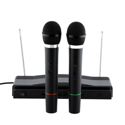 COPPIA MICROFONI PROFESSIONALI WIRELESS CON BASE CENTRALINA VHF BICANALI KARAOKE
