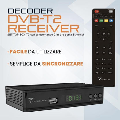 Techmade Decoder Digitale Terrestre Tv Full Hd Dvb-T2/Tc Usb 2.0 Con Telecomando