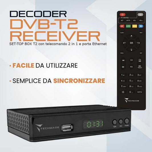 Techmade Decoder Digitale Terrestre Tv Full Hd Dvb-T2/Tc Usb 2.0 Con Telecomando