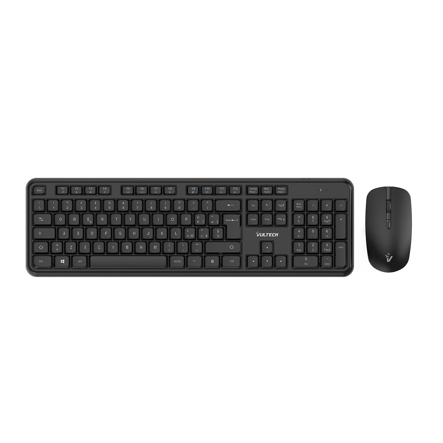 VulTech KM-811W Kit Tastiera e Mouse Wireless con Clic Silenziosi, Layout Italiano QWERTY Compatta, Tastierino Numerico, 12 Tasti Multimediali, Protezione Liquidi,PC/Mac/Linux - Nero