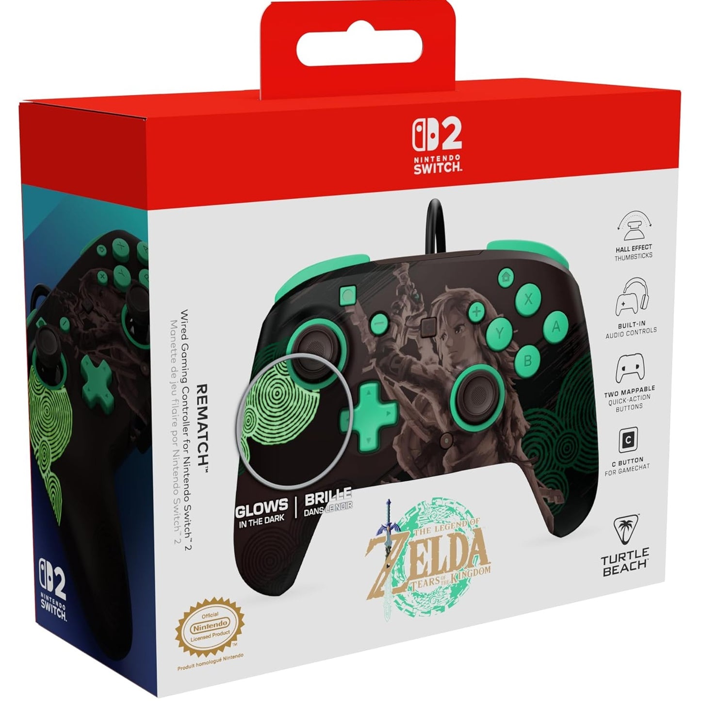 Turtle Beach - Rematch - Legend of Zelda (Tears of the Kingdom) Design lenticolare GITD Controller da gaming Wired per Nintendo Switch 2, Funziona anche con Nintendo Switch/Oled