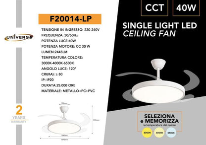 Ventilatore Da Soffitto E Plafoniera 40W Lampadario Led 3 Pale Wifi Telecomando