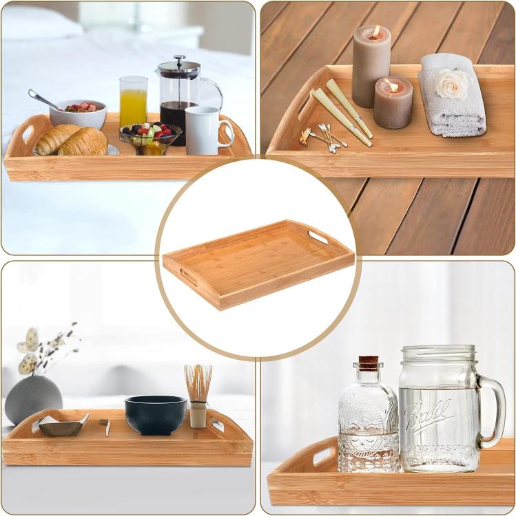 Vassoio Da Portata In Legno Bambù Con Manici Per Colazione A Letto Caffe 37X26Cm