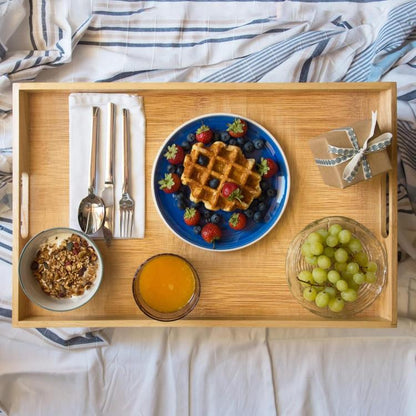 Vassoio Da Portata In Legno Bambù Con Manici Per Colazione A Letto Caffe 37X26Cm