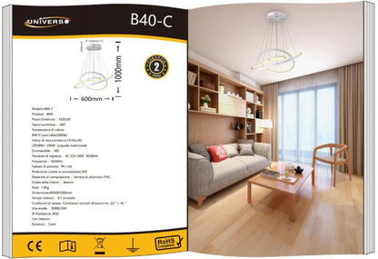 Lampadario Cerchi Soffitto Led A Sospensione Regolabile 48W 3000K/Bianco Caldo