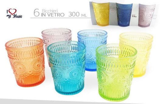 Set 6 Bicchieri Da Tavola In Vetro Colorati Per Acqua Cocktail Drink Bibite Vino
