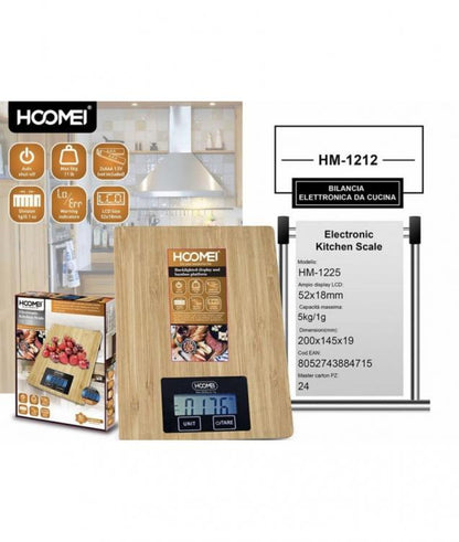 BILANCIA DIGITALE DA CUCINA LEGNO TAGLIERE BAMBÙ DA 1g A 5kg ELETTRONICA HM-1212