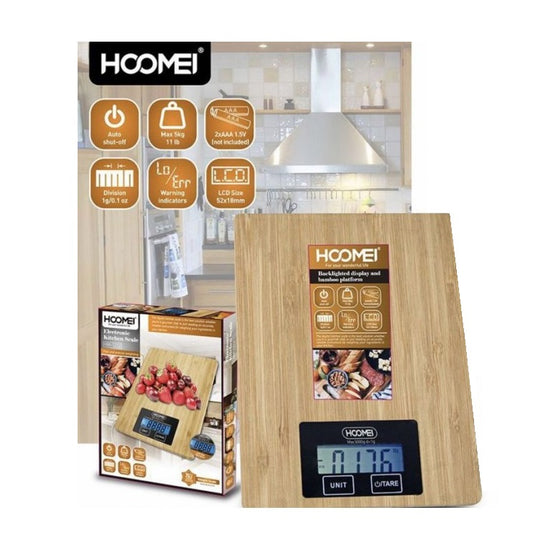 BILANCIA DIGITALE DA CUCINA LEGNO TAGLIERE BAMBÙ DA 1g A 5kg ELETTRONICA HM-1212