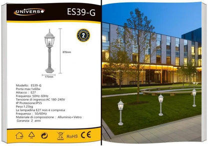 Lampione Da Giardino Terra 87Cm Lanterna Vetro E27 Luce Esterno Alluminio Grigio