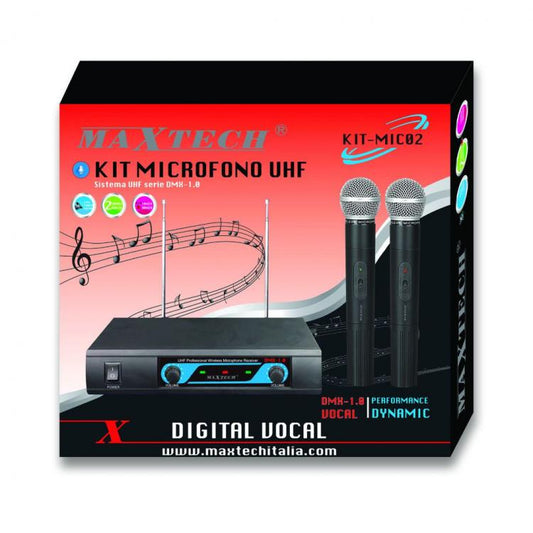 COPPIA 2 MICROFONI WIRELESS PROFESSIONALI UHF STEREO MICROFONO KARAOKE KIT-MIC02