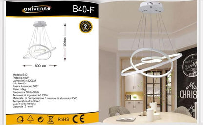 Lampadario Cerchi Soffitto Led A Sospensione Regolabile 48W 6500K/Bianco Freddo