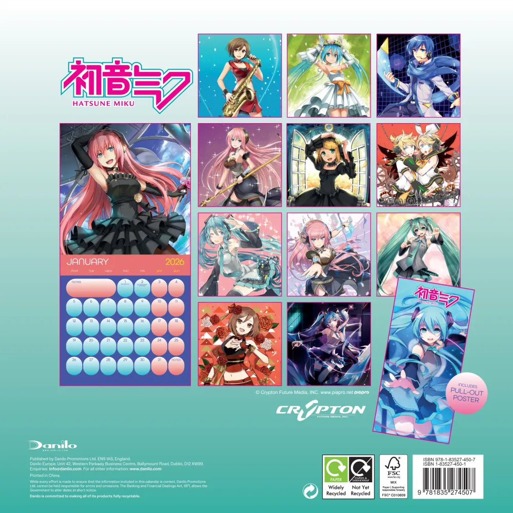 Calendario 2026 (Hatsune Miku) da Muro/Parete 30X30 con Gadget + Poster da Parete in Regalo - Licenza ufficiale