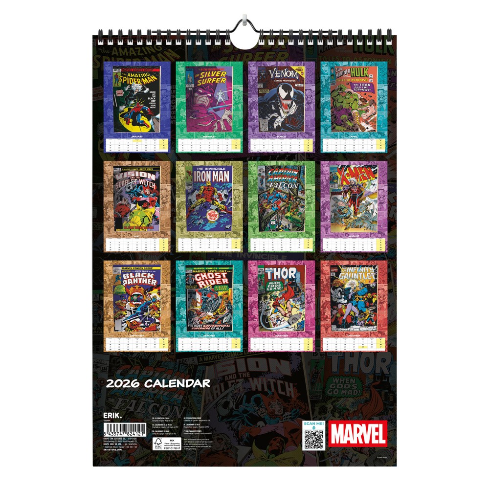 Calendario 2026 (Marvel Comics) da Muro/Parete  43,5x27cm con Gadget + Poster da Parete in Regalo - Licenza ufficiale