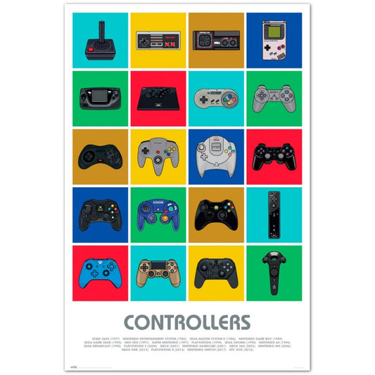 Maxi Poster Videogames: Joystick Controllers Vintage (Atari, Nintendo, Sony, Playstation, Sega, Xbox) da Parete Incorniciabile 91x61 cm Carta Lucida Licenza Ufficiale Nerd Gamers
