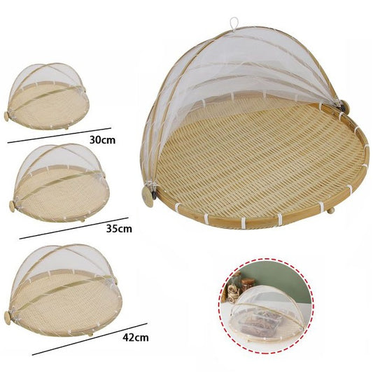 Set 3Pz Coprivivande A Rete Con Vassoio Fatto A Mano In Bambù Da 30Cm-35Cm-42Cm
