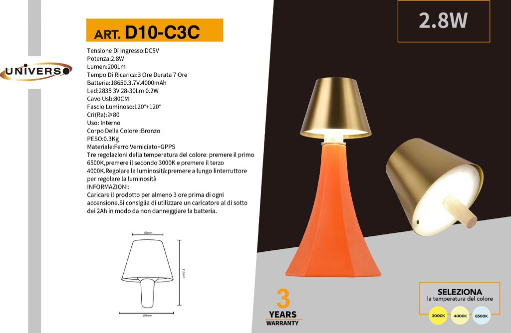 Universo Lampada Led Ricaricabile da Tavolo per Bottiglie Colore Luce Selezionabile CCT 3in1 (Luce Fredda, Naturale e Calda)