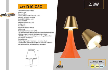 Universo Lampada Led Ricaricabile da Tavolo per Bottiglie Colore Luce Selezionabile CCT 3in1 (Luce Fredda, Naturale e Calda)