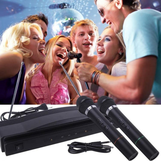 COPPIA MICROFONI PROFESSIONALI WIRELESS CON BASE CENTRALINA VHF BICANALI KARAOKE