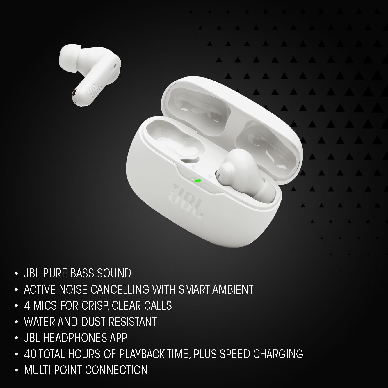 Jbl Auricolari (Wave Beam 2) Perfect Fit, In-Ear, Ip54, Cuffie Connessione Multipoint Bluetooth True Wireless Senza Filo, Cancellazione del Rumore, 40 ore di autonomia, Black/Nero