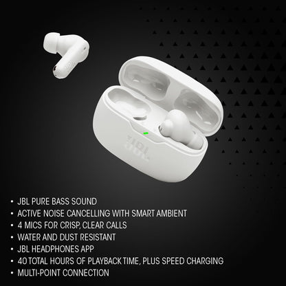 Jbl Auricolari (Wave Beam 2) Perfect Fit, In-Ear, Ip54, Cuffie Connessione Multipoint Bluetooth True Wireless Senza Filo, Cancellazione del Rumore, 40 ore di autonomia,White/Bianco