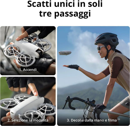 DJI Neo Combo Fly More, Mini Drone con Fotocamera UHD 4K per adulti, 135g drone che vola da solo e ti segue, decollo dalla mano, tracciamento del soggetto, QuickShot, con RC-N3 e 3 Batterie