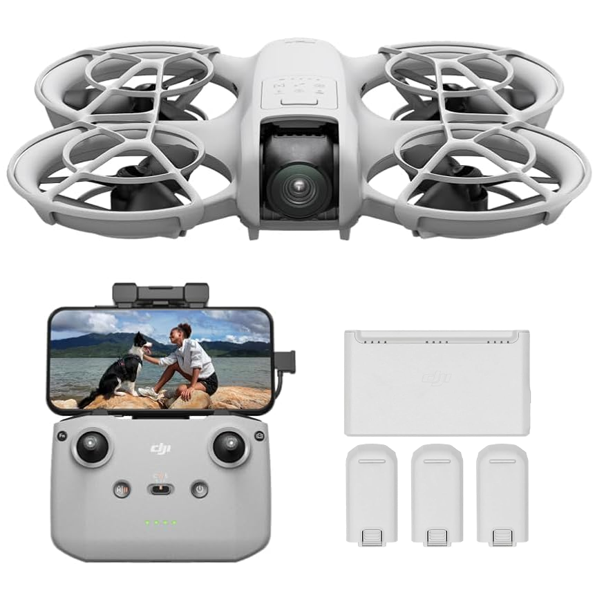 DJI Neo Combo Fly More, Mini Drone con Fotocamera UHD 4K per adulti, 135g drone che vola da solo e ti segue, decollo dalla mano, tracciamento del soggetto, QuickShot, con RC-N3 e 3 Batterie
