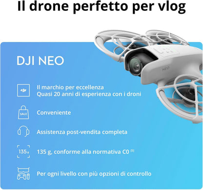 DJI Neo Combo Fly More, Mini Drone con Fotocamera UHD 4K per adulti, 135g drone che vola da solo e ti segue, decollo dalla mano, tracciamento del soggetto, QuickShot, con RC-N3 e 3 Batterie