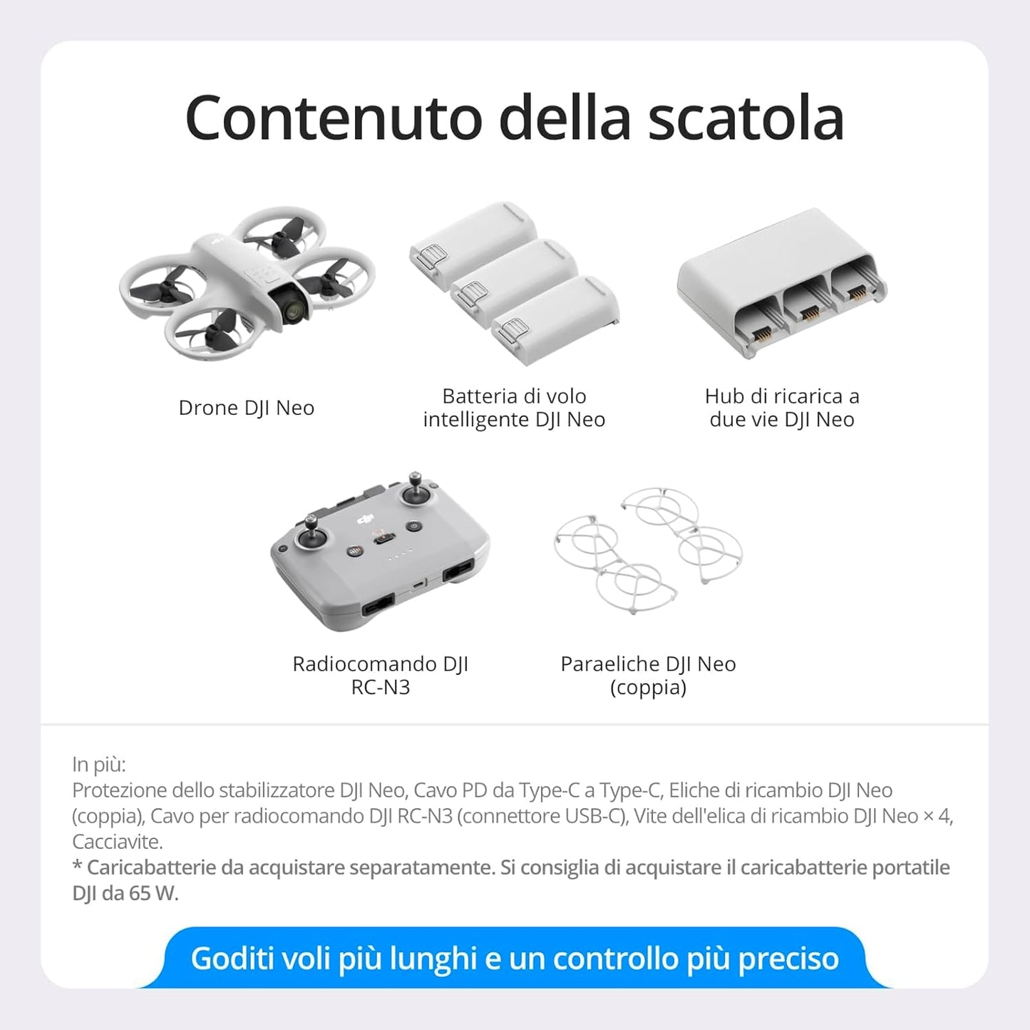 DJI Neo Combo Fly More, Mini Drone con Fotocamera UHD 4K per adulti, 135g drone che vola da solo e ti segue, decollo dalla mano, tracciamento del soggetto, QuickShot, con RC-N3 e 3 Batterie