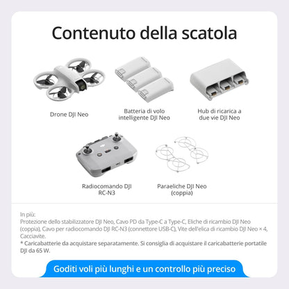 DJI Neo Combo Fly More, Mini Drone con Fotocamera UHD 4K per adulti, 135g drone che vola da solo e ti segue, decollo dalla mano, tracciamento del soggetto, QuickShot, con RC-N3 e 3 Batterie