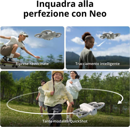 DJI Neo Combo Fly More, Mini Drone con Fotocamera UHD 4K per adulti, 135g drone che vola da solo e ti segue, decollo dalla mano, tracciamento del soggetto, QuickShot, con RC-N3 e 3 Batterie