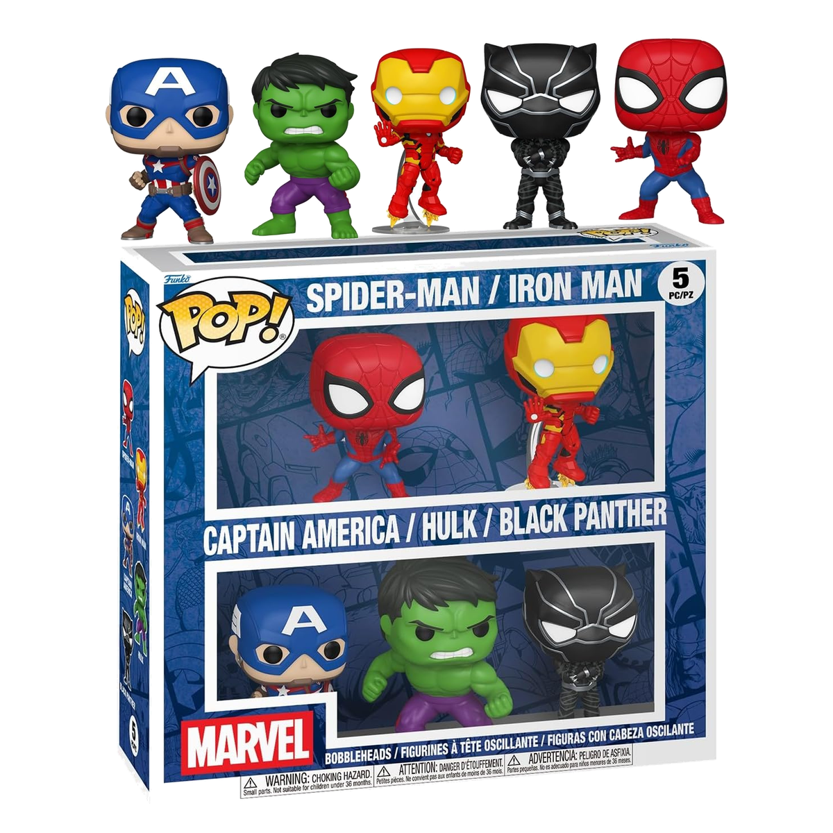 Funko Pop! Marvel: SpiderMan, IronMan, Captain America, Hulk, Black Panter (5 Pack) Vinyl Figure 9Cm