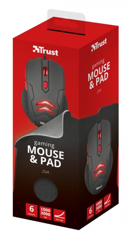 Trust Mouse Gaming Wired + Tappetino Pad Ziva 6 Pulsanti Illuminato Led Da Gioco