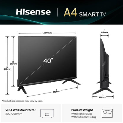 Hisense Smart Tv 40" D-LED 40A4Q Full Hd AirPlay HDR Android Wi-Fi Hdmi Nero
