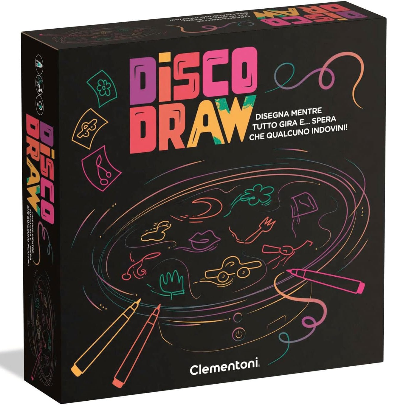 Clementoni -  Gioco da Tavolo Disco Draw Party Game con Lavagna Girevole