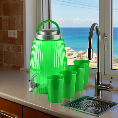 Dispenser Con Rubinetto Erogatore + 4 Bicchieri 4,7L Campeggio Picnic Ufficio
