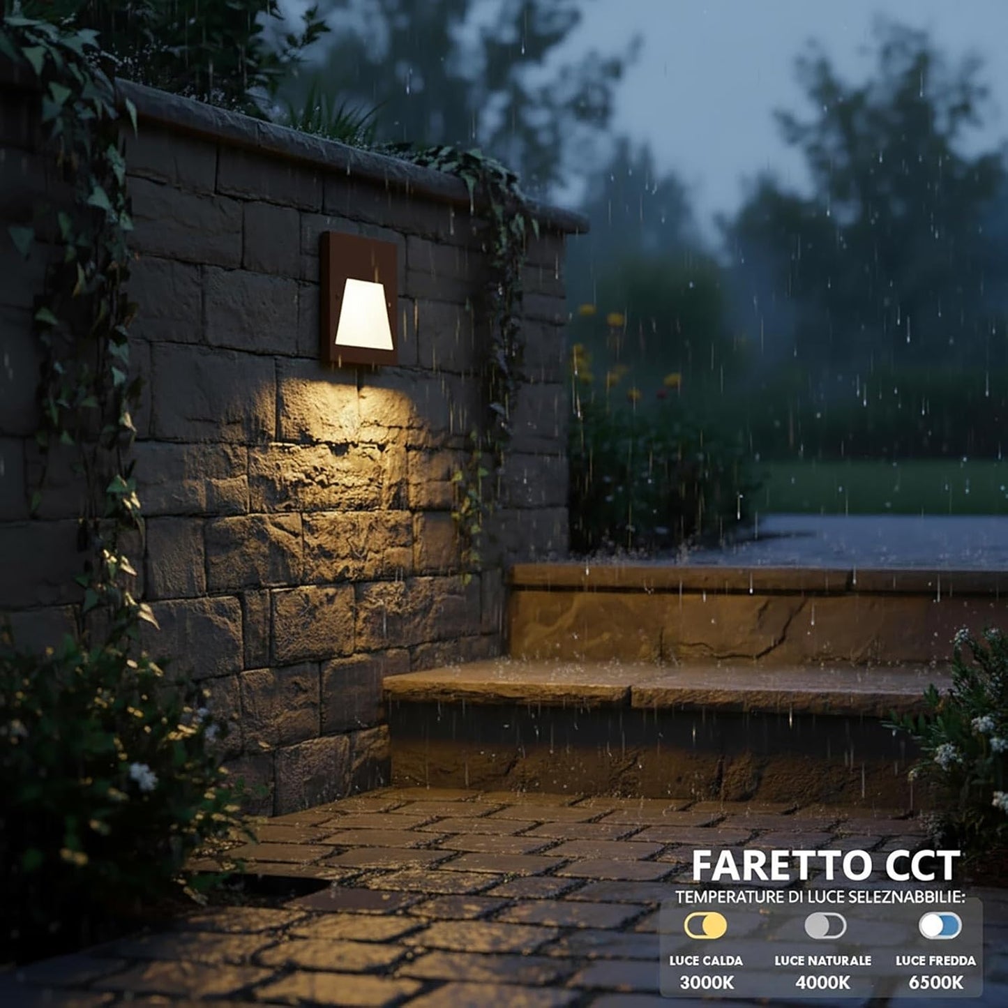 Universo Es49-G3c Punto Luce Segnapasso Rettangolare Led ad Incasso Cambia Colore CCT 3in1 da 3w 24° Da Esterno Ip65 Scatola 503 per Scale Giardino - Bianco