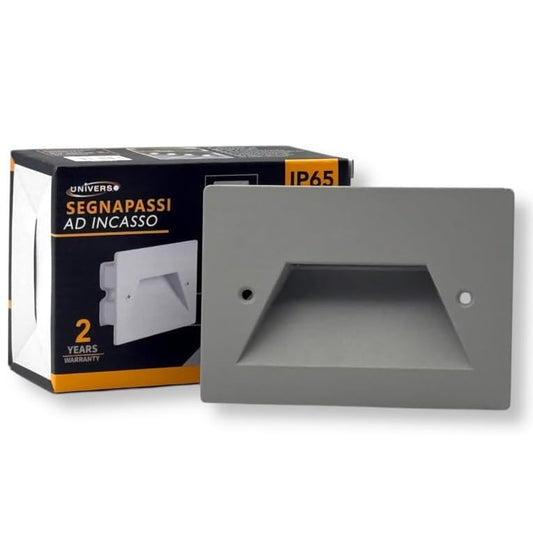 Universo Es49-G3c Punto Luce Segnapasso Rettangolare Led ad Incasso Cambia Colore CCT 3in1 da 3w 24° Da Esterno Ip65 Scatola 503 per Scale Giardino - Grigio