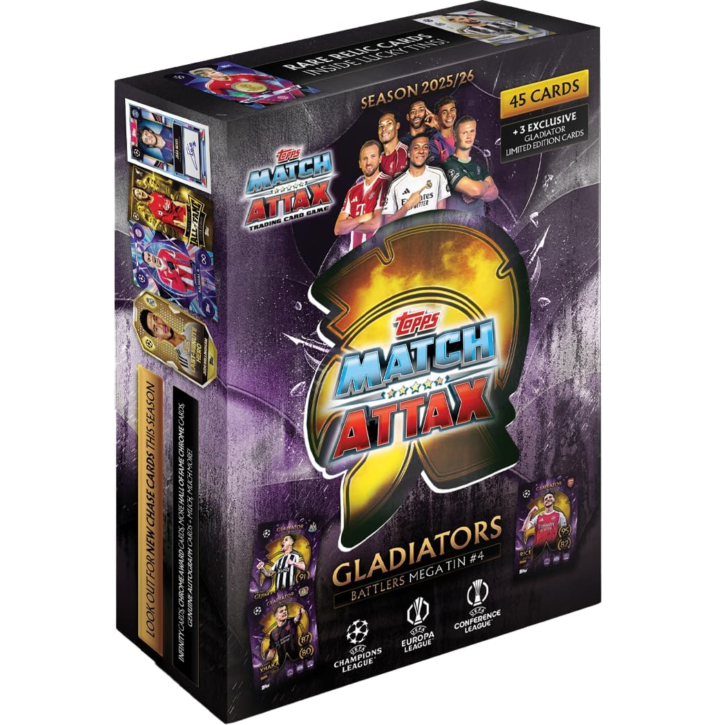 Topps Match Attax UEFA Champions League 2025/26 Gladiators Battlers Mega Tin Box Carte Calcio