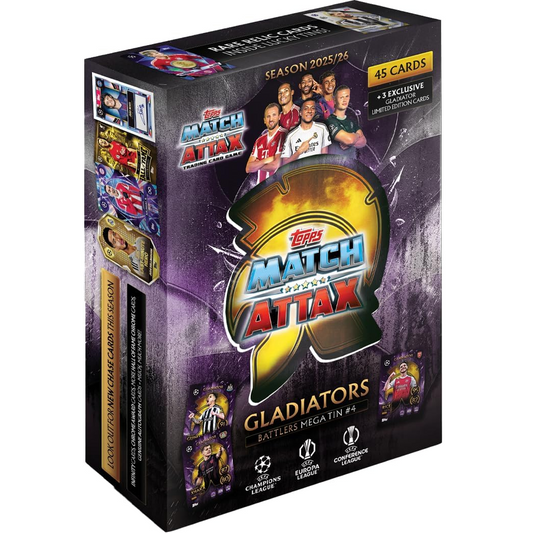 Topps Match Attax UEFA Champions League 2025/26 Gladiators Battlers Mega Tin Box Carte Calcio