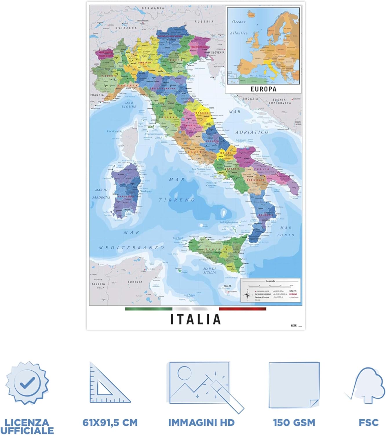 Maxi Poster (Cartina Geografica Italia Gigante) 91x61 cm Incorniciabile (Include Mini Mappa dell'Europa) da Muro Scuola Casa Ufficio