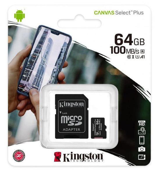 Kingston Micro Sd 64B + Adattatore Canvas Plus Sdcs2 32Gb Classe 10 100Mb/S