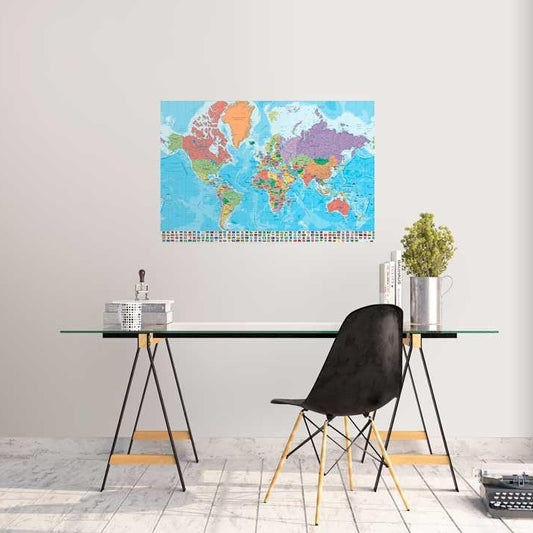 Maxi Poster (Mappamondo Cartina Geografica Gigante) Planisfero con Bandiere del Mondo Editato in Italiano 91x61 cm Incorniciabile da Muro Scuola Ufficio